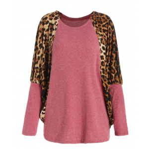 Casual Scoop Neck Color Splicing Leopard Print Long Sleeves Loose-Fitting Women's Sweater - Red